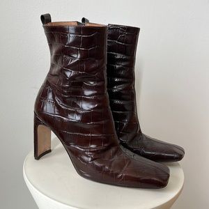 Miista Marcelle Brown Wash Croc Leather Ankle Boot, Sz 39
